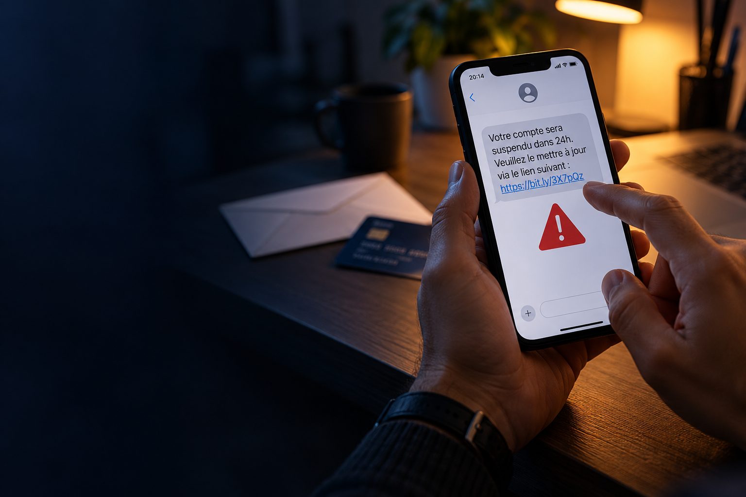 Un téléphone affiche un faux SMS annonçant la suspension d'un compte, avec un lien suspect et un signal d'alerte