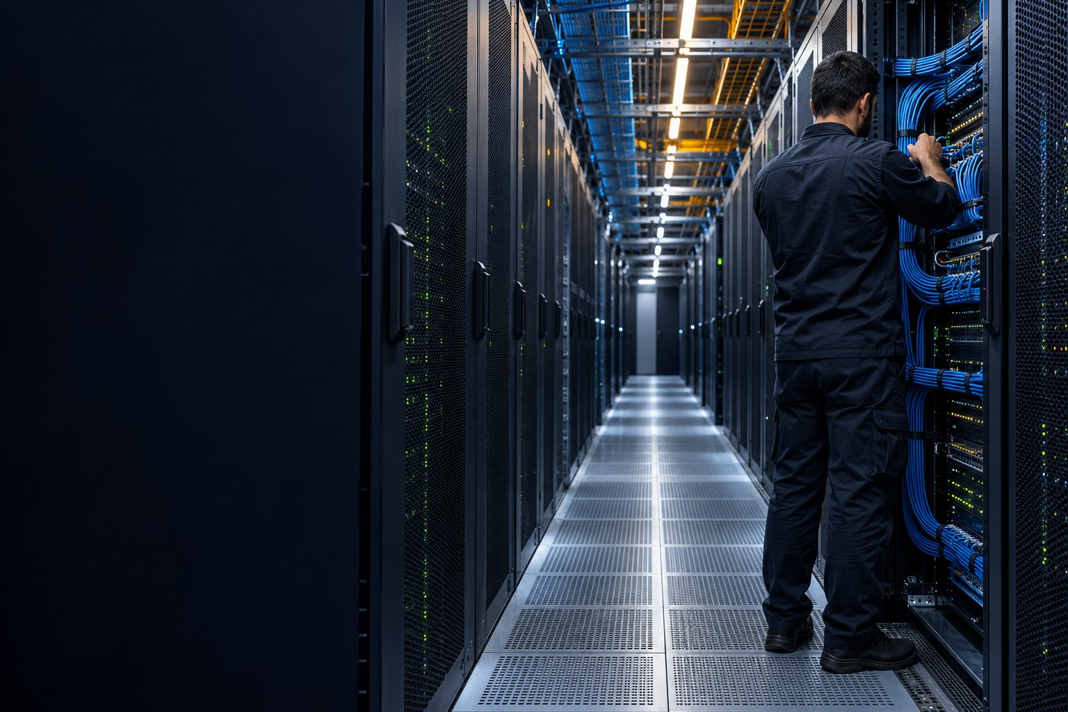 Un technicien câble une baie de serveurs dans une allée de datacenter