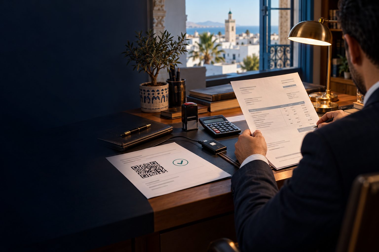 Un entrepreneur relit une facture à son bureau, à côté d'un document validé portant un code QR