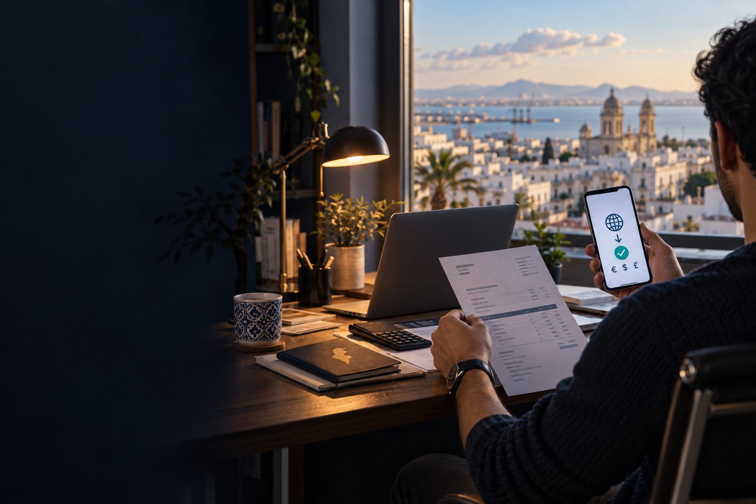 Un freelance vérifie sur son téléphone un paiement reçu, une facture à la main, devant une ville côtière au coucher du soleil