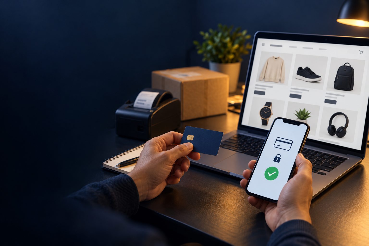 Un client règle par carte sur son téléphone un achat dans une boutique en ligne ouverte sur un ordinateur portable