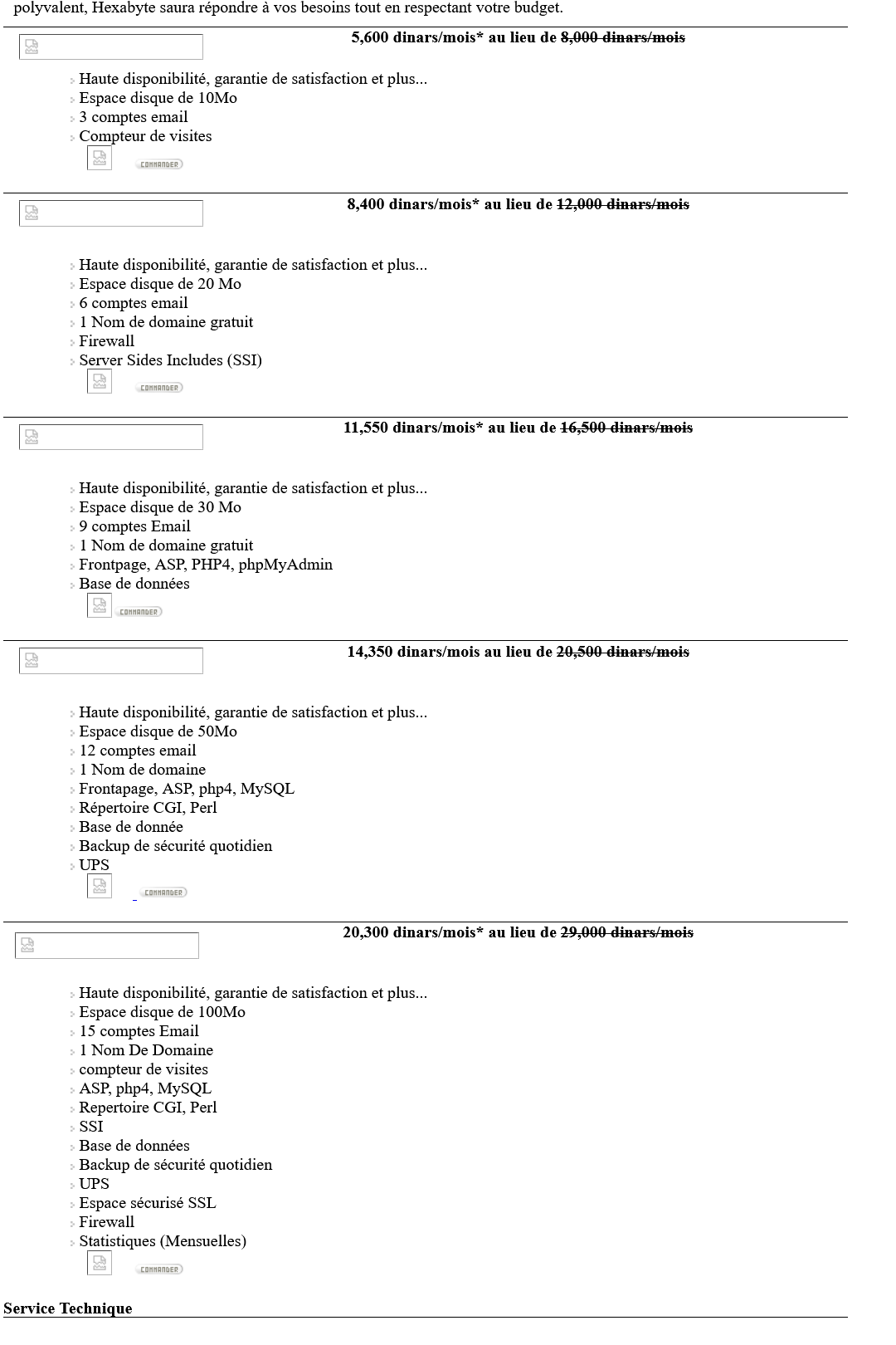 Grille tarifaire de Hexabyte en février 2009 : formules de 10 à 100 Mo, entre 5,6 et 20,3 dinars par mois