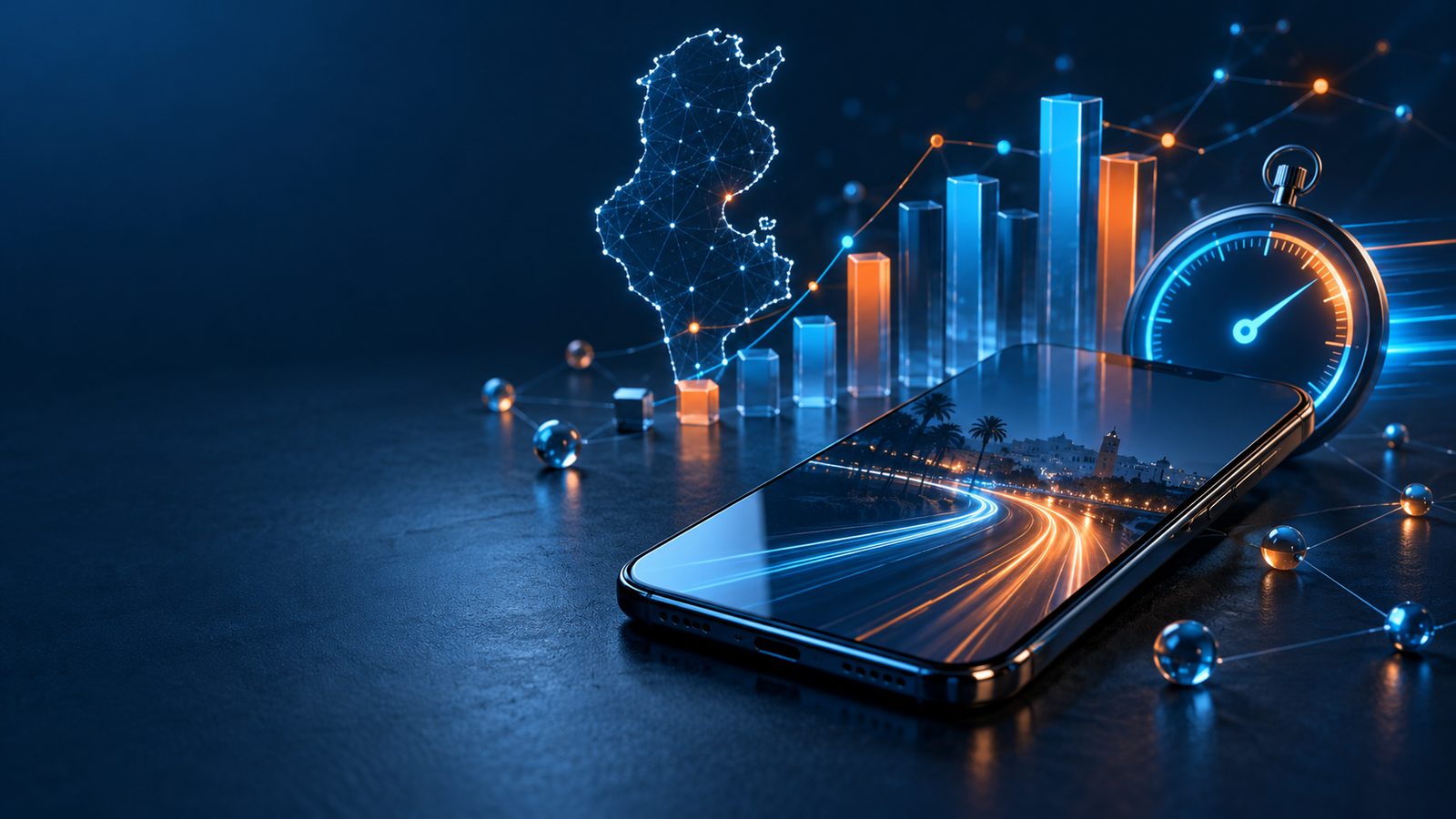 Un téléphone affichant un site tunisien, un chronomètre et des barres de mesure : la performance du web tunisien mesurée en 2026