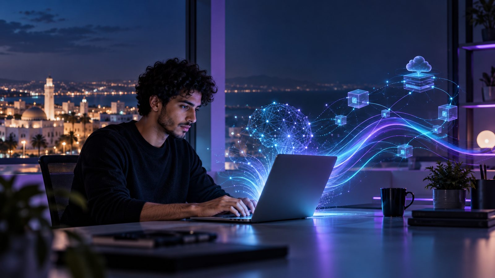 Un développeur devant des architectures web modernes et des outils d'intelligence artificielle